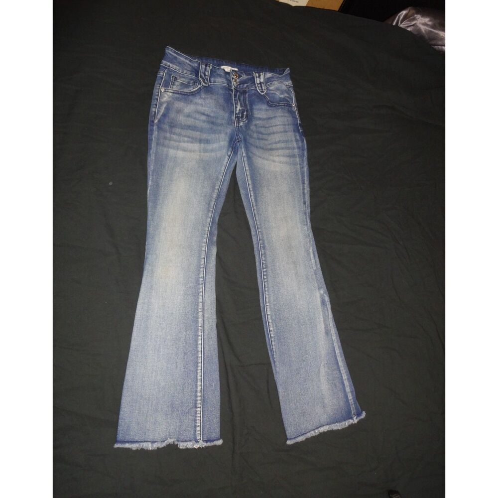 Love Soho Dark Wash Stretch Flare Jeans Size 5 | Whiskers Frayed Hem